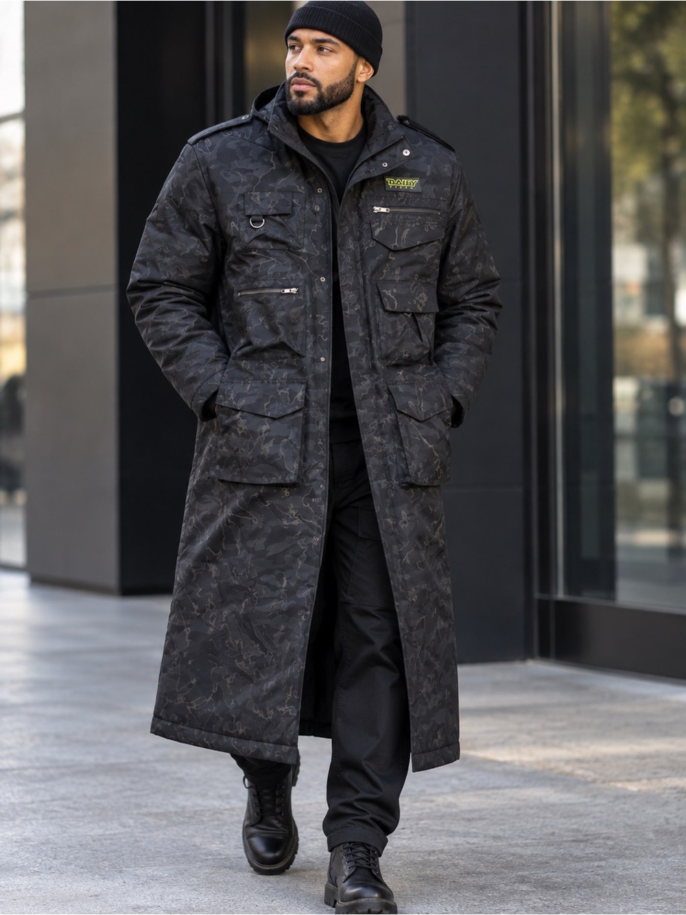 Daily Paper Black Long Military Field Coat with Multiple Pockets